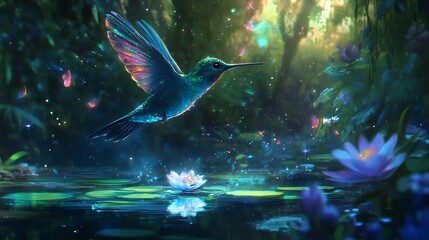 A mystical hummingbird with iridescent feathers hovers over a magical pond, anime art