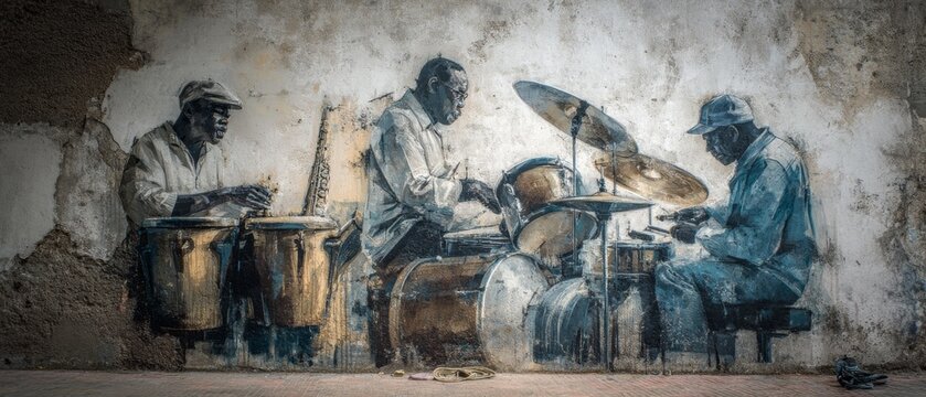 A striking street mural depicts three jazz musicians lost in rhythm, their instruments creating an energetic symphony on a weathered wall.