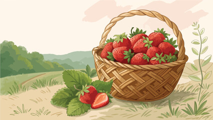 Strawberry vector design, Strawberries in basket in natural background vector design