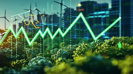 Green energy growth represented by a rising graph amidst wind turbines and urban skyline - Powered by Adobe