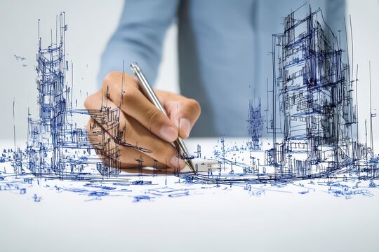 Architecture Man drawing on architectural Creative project business architecture building construction Industrial engineering Achievement Planning Design