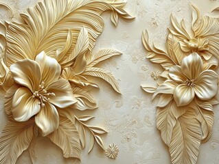 Elegant wallpaper mural featuring gold floral plants and palm leaves.