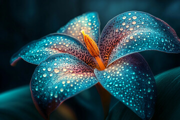 Fototapeta premium Generative AI macro of a glowing mystical flower with bioluminescent tentacle like petals in shades of blue and purple, surreal closeup