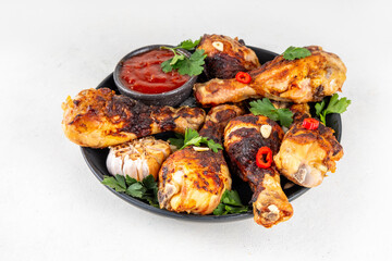 Grill and barbeque season recipes. Grilled chicken legs with garlic, spices, parsley, bbq sauce and olive oil. Tasty broiler drumstick ready for dinner on lunch. Chicken meat, barbecue menu background