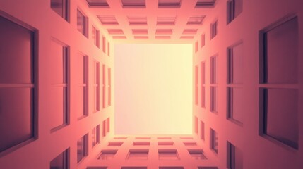 Looking up at pink-hued modern architectural symmetry with open sky