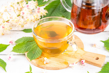 Organic natural chestnut leaves and flower tea. Hot alternative non-caffeine herbal drink, tasty...