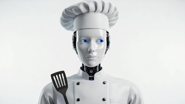 A futuristic robot chef wearing tall white hat and jacket calmly holds spatula, ready to cook delicious meal.