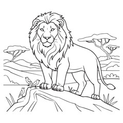 Coloring Page of a proud lion in the wilderness with a scenic background