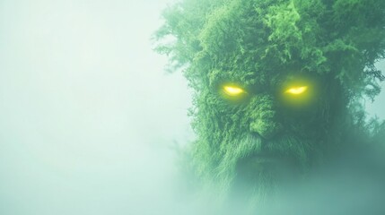 Mystical forest guardian with glowing eyes emerging from mist