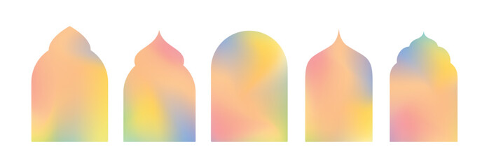Set of colorful gradient Islamic window frames in traditional Arabic style. Decorative shapes ideal for Ramadan, Eid al-Adha, Eid al-Fitr and other holidays.
