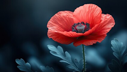 Red Poppy Flower Dark Background.