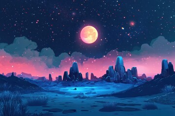 Fototapeta premium Surreal landscape under full moon, glowing night sky full of stars and distant planets