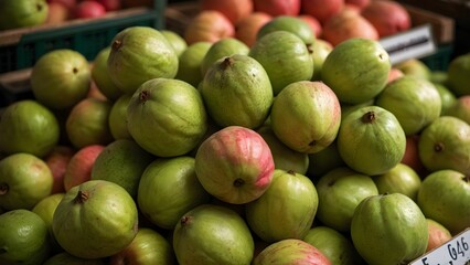 Vibrant guavas displayed in a bustling market, capturing the essence of fresh tropical fruits and their colorful variety Generative AI