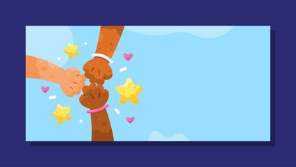 world friendship day banner. friends and bond. illustration of three fist bumping hands. hand gesture. concept of happy friendship day celebration. blue horizontal background. elements. flat style