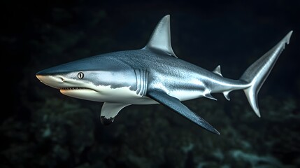 Naklejka premium Close-up view of a shark in dark underwater environment.