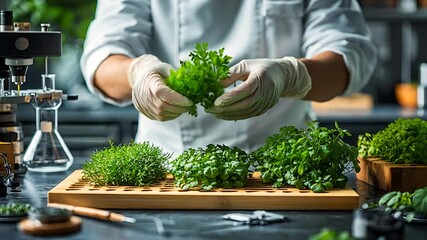Chef holds fresh herbs. Culinary precision, green ingredients, and food science fusion