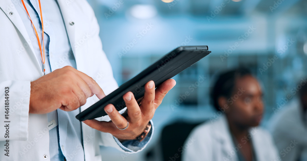 Poster hands, medical or scientist in laboratory with tablet, update and gene editing in biotech experiment