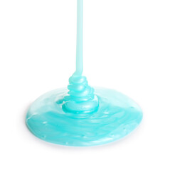Pouring of shower gel on white background, closeup