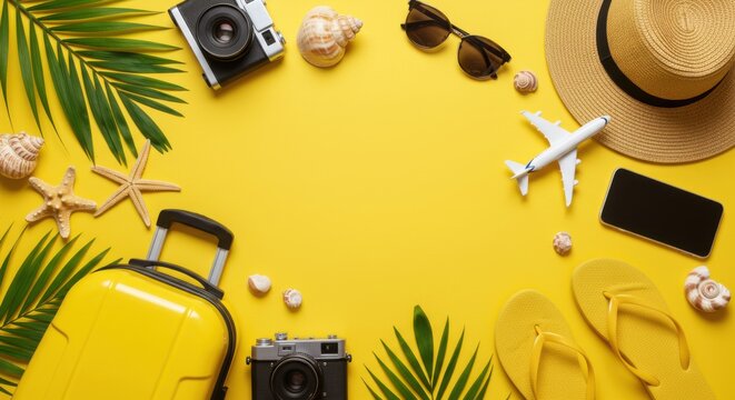 Flat lay of travel accessories on a yellow background ready for a vacation adventure trip
