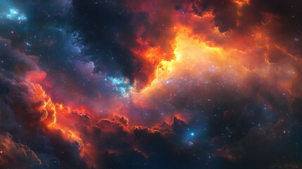 Fototapeta premium A vibrant cosmic nebula filled with fiery clouds and distant stars.
