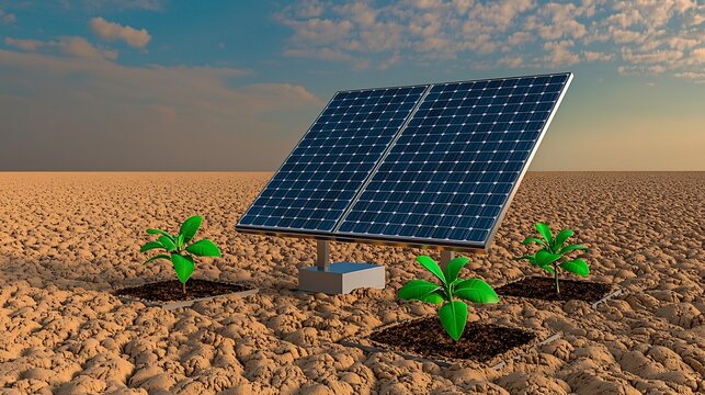 Solar panel in desert with plants