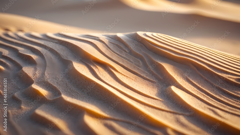 Poster close-up view of rippled sand dunes under the warm sunlight, creating a mesmerizing pattern of light and shadow. The textures of the sand and the gentle curves give a sense of tranquility