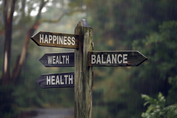 Wooden signpost in rain, pointing towards happiness, wealth, health, and balance, symbolizing life choices and pursuit of well-being