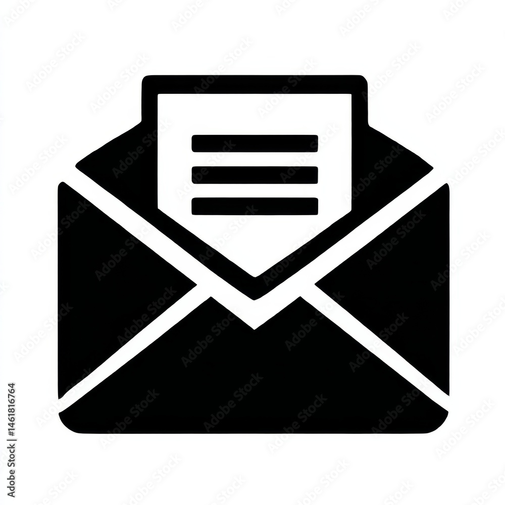Poster open envelope icon with document inside - black and white simple illustration