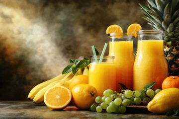 Tropical Fruit Juice Still Life Composition with Pineapple Banana Orange Lemon Grape in Studio Setting