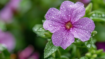 A close-up of a delicate flower with dew drops.