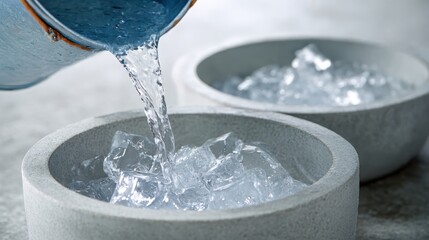 Water pouring on ice in bowls
