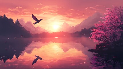 Obraz premium A surreal anime scene of a hummingbird merging with a cosmic nebula