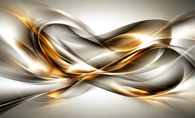 Abstract design with flowing, golden-hued swirls against a light gray backdrop.  Intertwined, dynamic shapes create a sense of movement and energy.  Highlights and light effects add depth and texture