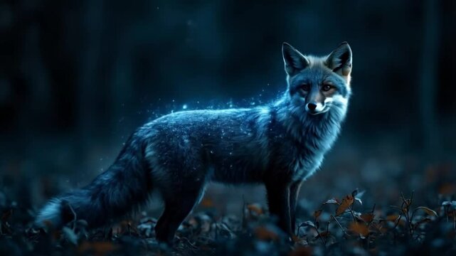 A fox standing on the grass with its tail raised. Smooth repeating motion for background video animation.