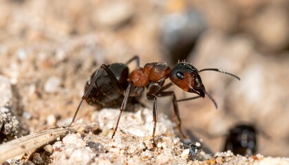Fototapeta premium Reddish-Brown Ant Close-Up on Pebbly Ground