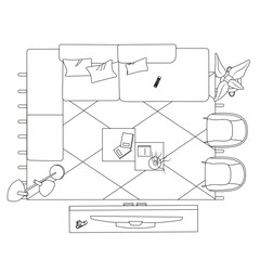 Scandinavian Style Living Room Seen from Above – Sofa, Coffee Table and Decor Elements