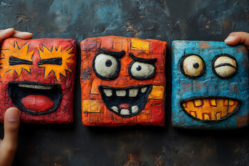 three textured squares expressing anger, calm, joy