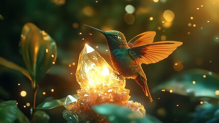 Fototapeta premium A tiny anime hummingbird resting on a floating paper lantern drifting over water