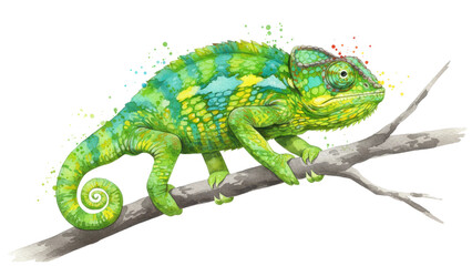 Obraz premium watercolor chameleon resting on a branch isolated on transparent png