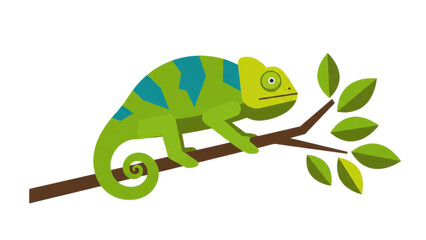 illustration of a chameleon positioned on a branch with leaves.   isolated on transparent png