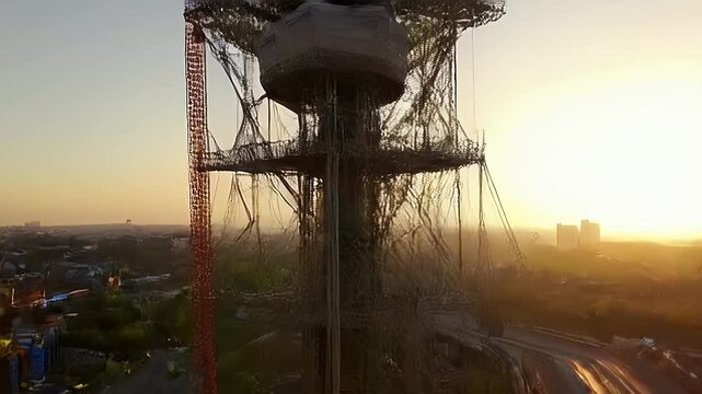 Construction Site at Golden Sunset Featuring Tower and Orange Crane Under Development High Angle View Symbolizing Progress Urban City Infrastructure
