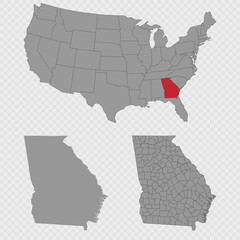 Georgia map set with USA location, clean outline, and full county breakdown.