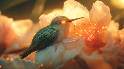 A tiny anime hummingbird resting on a floating paper lantern drifting over water