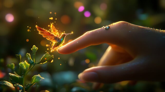 A tiny glowing hummingbird flits around a shrine in a mystical anime world