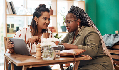 Tablet, talking or friends in coffee shop streaming on social media, online or website n restaurant. Reunion, tea beverage and women drinking on break in cafe for movie, news update or gossip story
