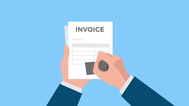 animation businessman hand holding paid invoice paper with stamp on right hand.completed payment or financial confirmation