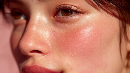 Naklejka premium Close-up side profile of a woman's face, emphasizing rosy cheeks and nose with fine lines