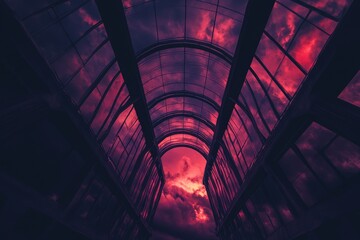 Dramatic, arched passageway reflecting crimson sky.