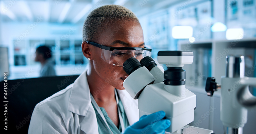 Poster laboratory, woman and scientist with microscope for research, medical experiment or test sample. hea