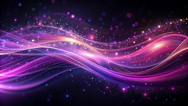 Abstract flowing lines in shades of purple and pink with shimmering particles on dark background